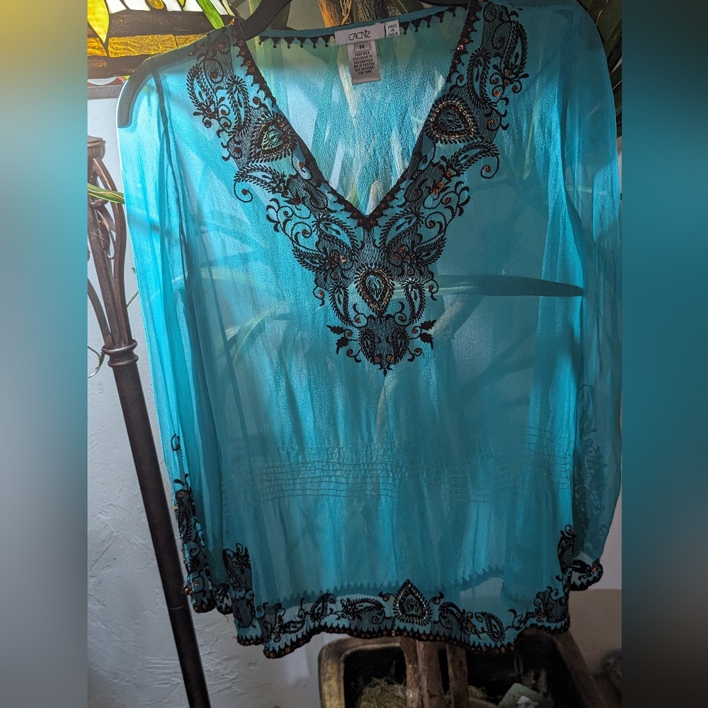 Cache Embellished Turquoise Sheer Cover/Tunic. - image 6